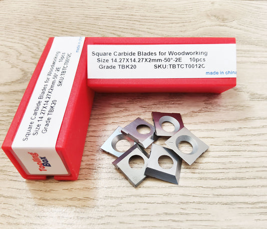 14.27x14.27x2.0mm-50° Carbide Cutter Knives for jointers and planers, 10pcs/set displayed with packaging.