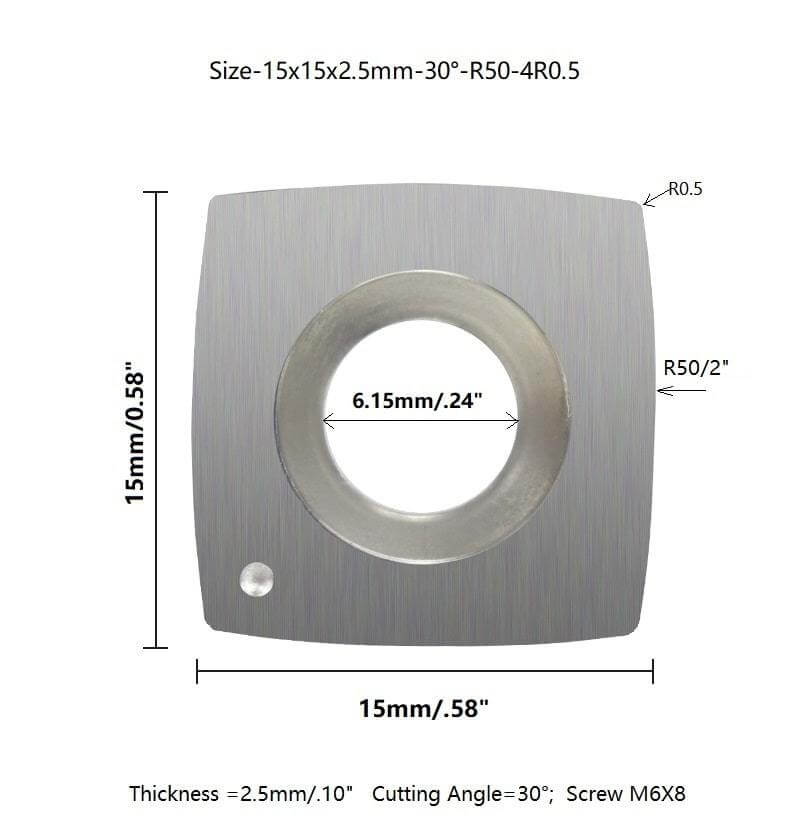 size of 15x15x2.5mm-30-R50-4R0.5