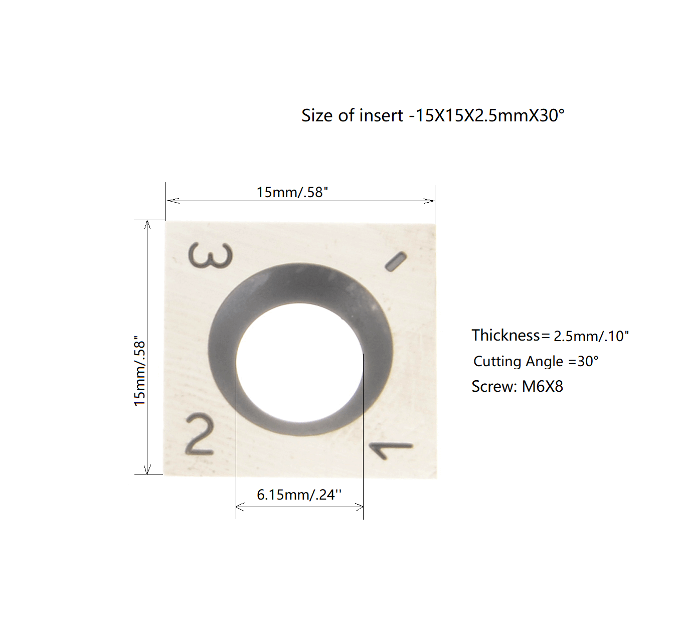 size of insert -15X15X2.5mmX30°