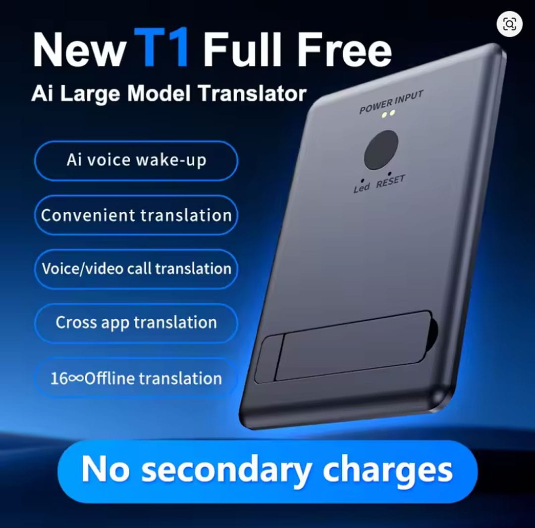 New T1 Ai Translator showcasing features like voice wake-up and 16 offline translations, ideal for seamless communication.