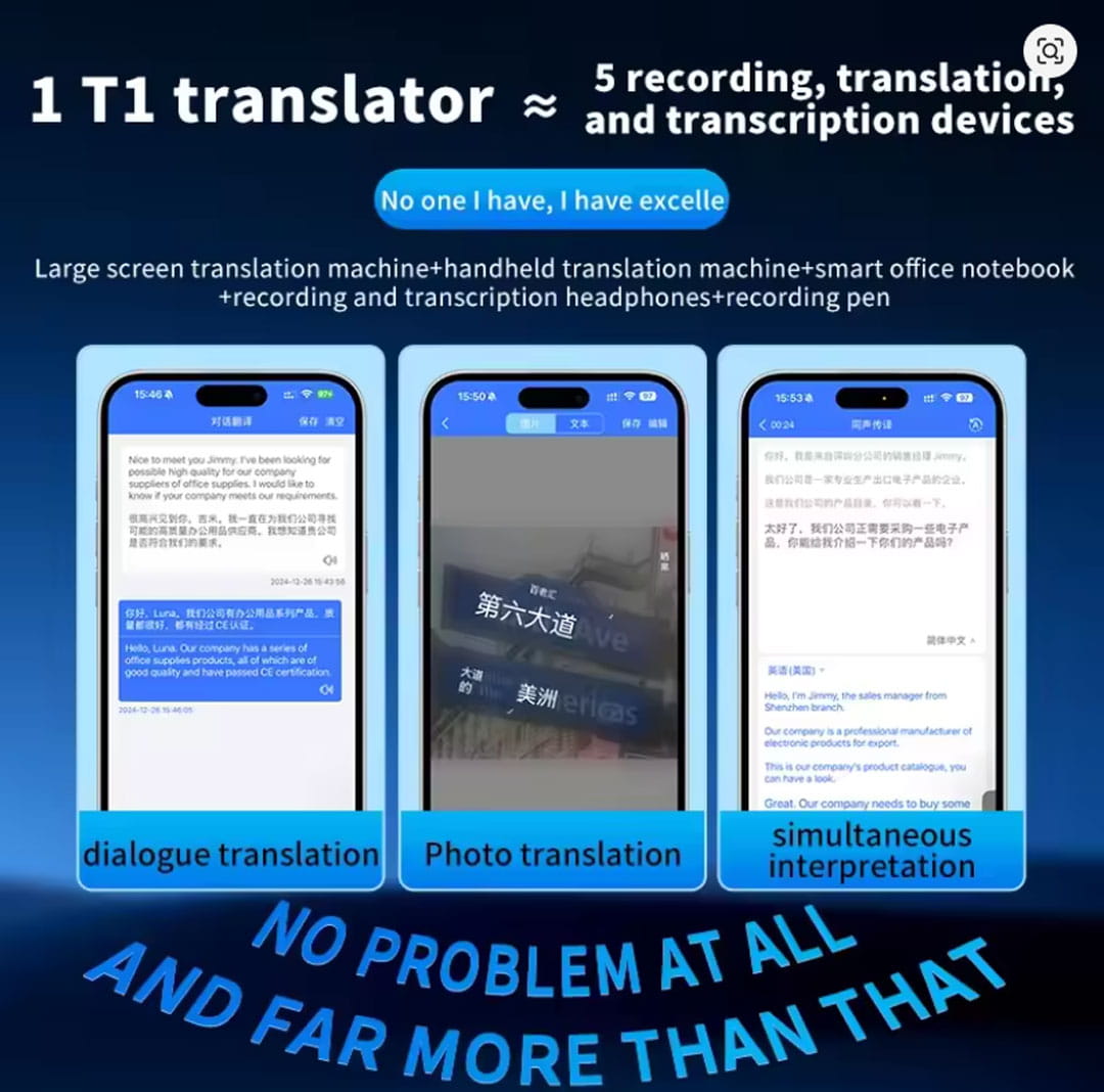 T1 Ai Translator showcasing features like dialogue and photo translation, plus simultaneous interpretation capabilities.