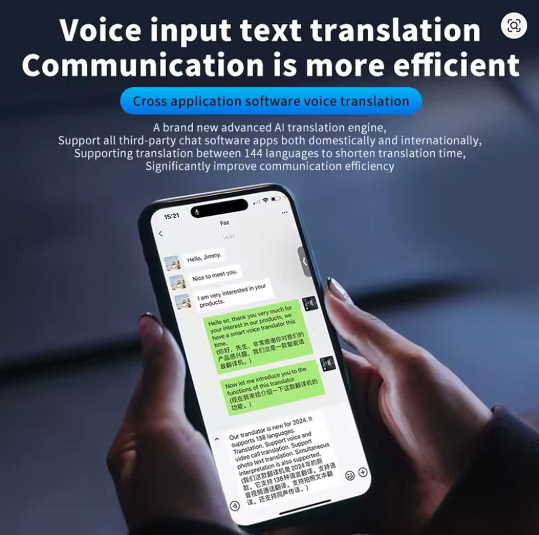 T1 Ai Translator showcasing voice input text translation for efficient communication and support for 144 languages.