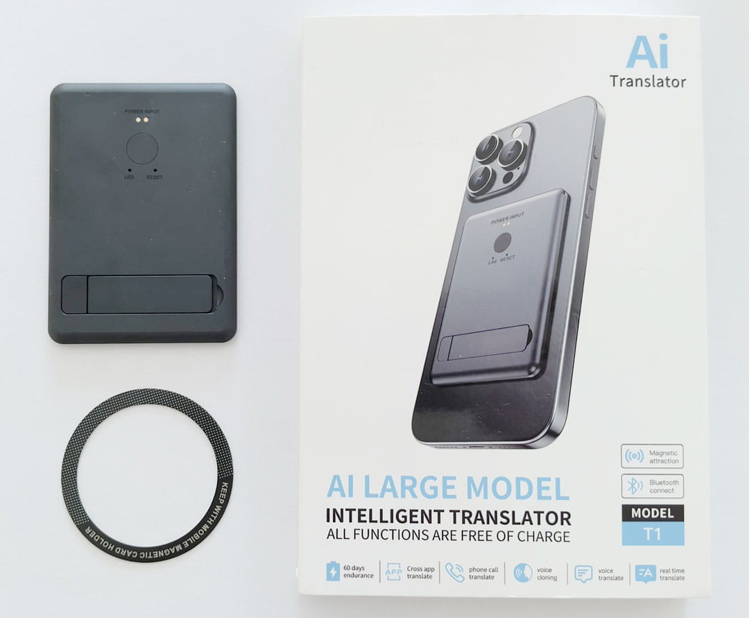 T1 Ai Translator in black with magnetic mount and packaging displaying features and model details.