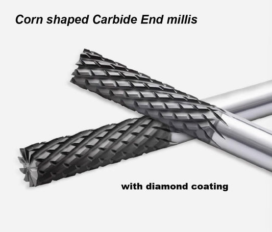 Corn Shaped Carbide End Mills with Diamond coating for Roughing carbon fiber and PCB circuit boards