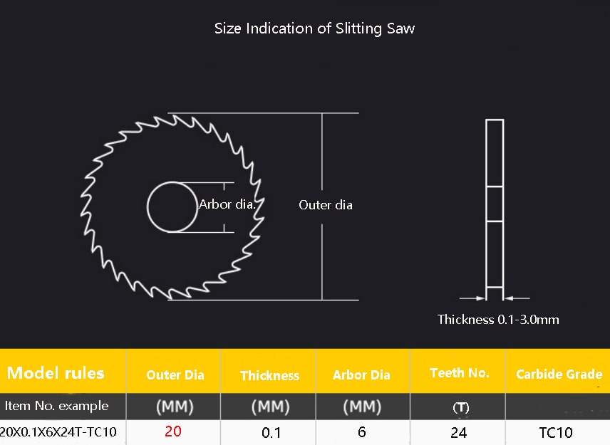 size of carbide slitting cutter