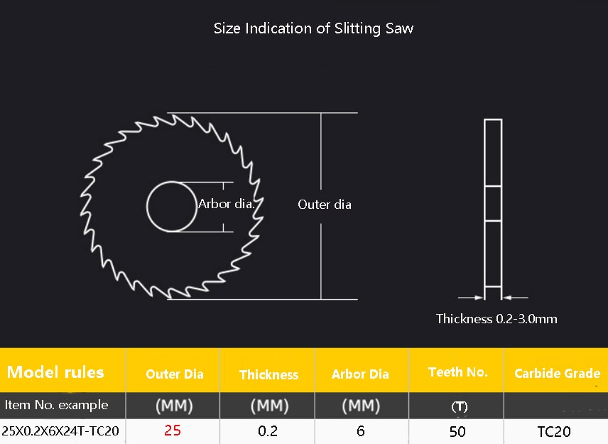 25mm Diameter/Metric carbide slitting saws TC20 series for steels and Titanium alloy