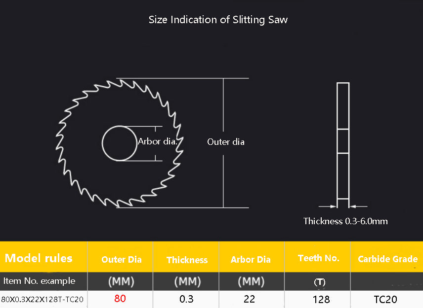 80mm Diameter/Metric carbide slitting saws TC20 series for steels and Titanium alloy