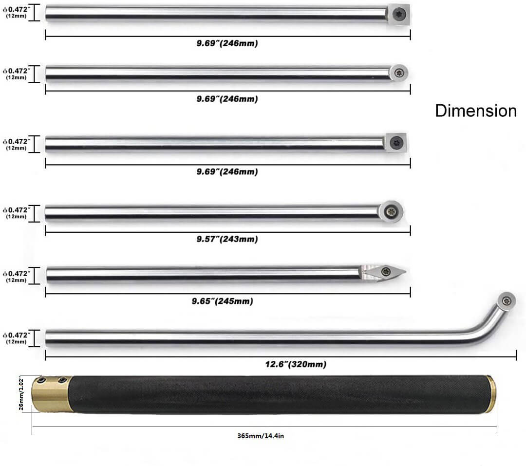 size of Wood Handheld Turning Tool Full Size Handle Set