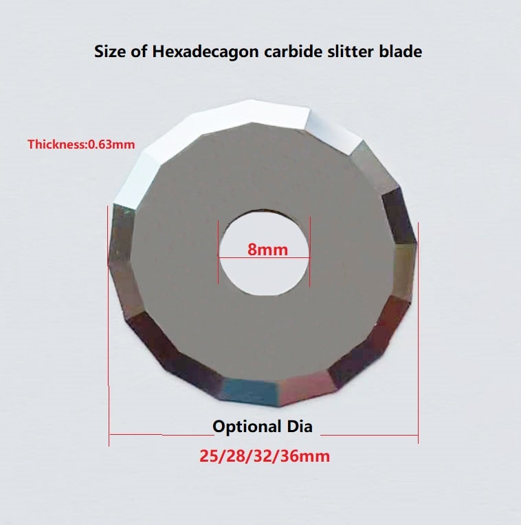size of Hexadecagon carbide slitting blade