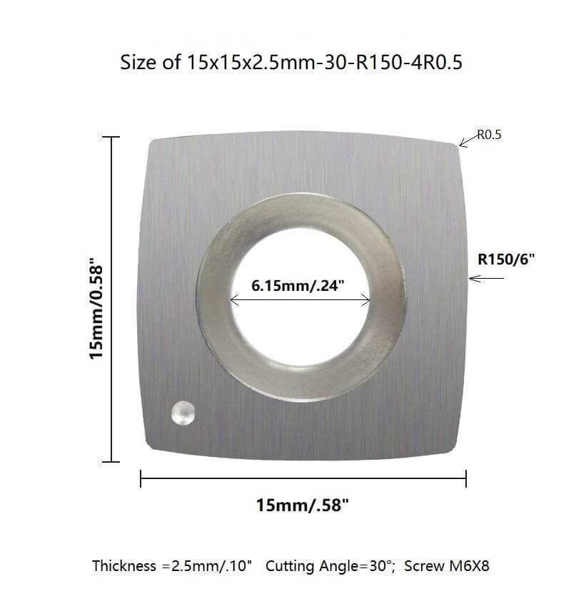 size of 15x15x2.5mm-30-R150-4R0.5