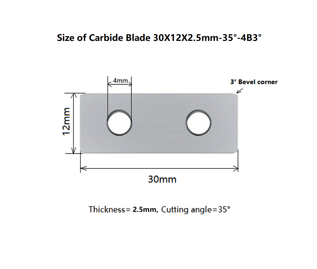 size of carbide blade 30X12X2.5mmX35°-4B3°-Bevelled