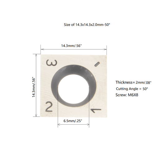size of 14.3X14.3X2mmX50°