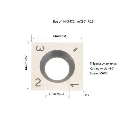 size of Square Carbide Indexable Inserts Knife 14x14x2.0mm-30°-4R0.5