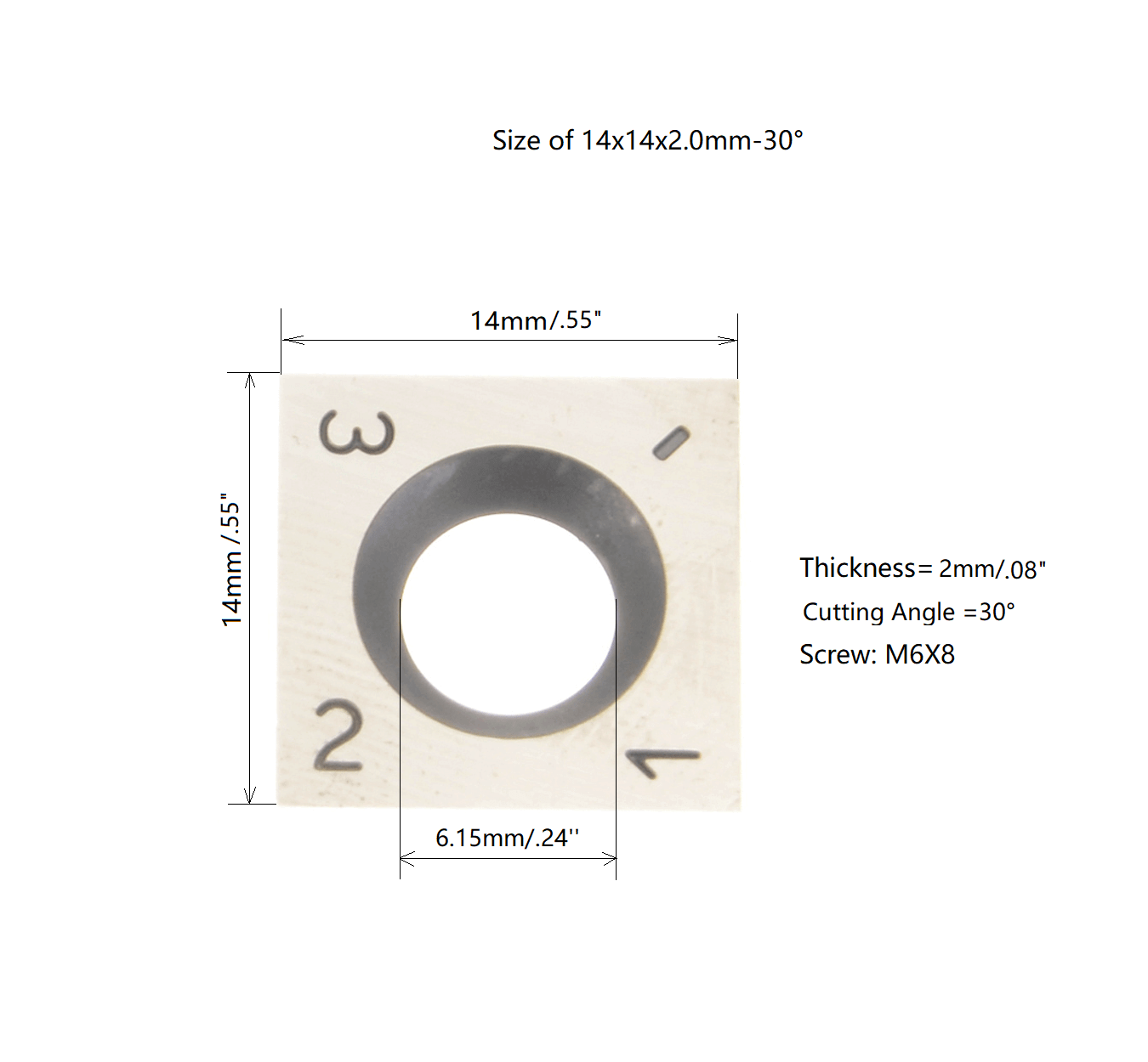 size of insert -14X14X2mmX30°