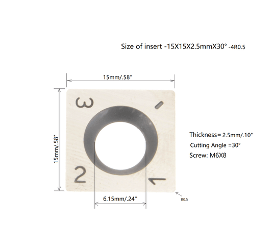 size of insert -15X15X2.5mmX30°-4R0.5